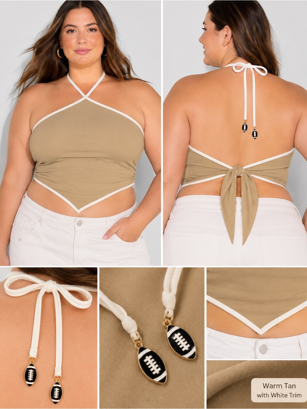 wild fable Warm Tan Halter Crop Top with White Trim